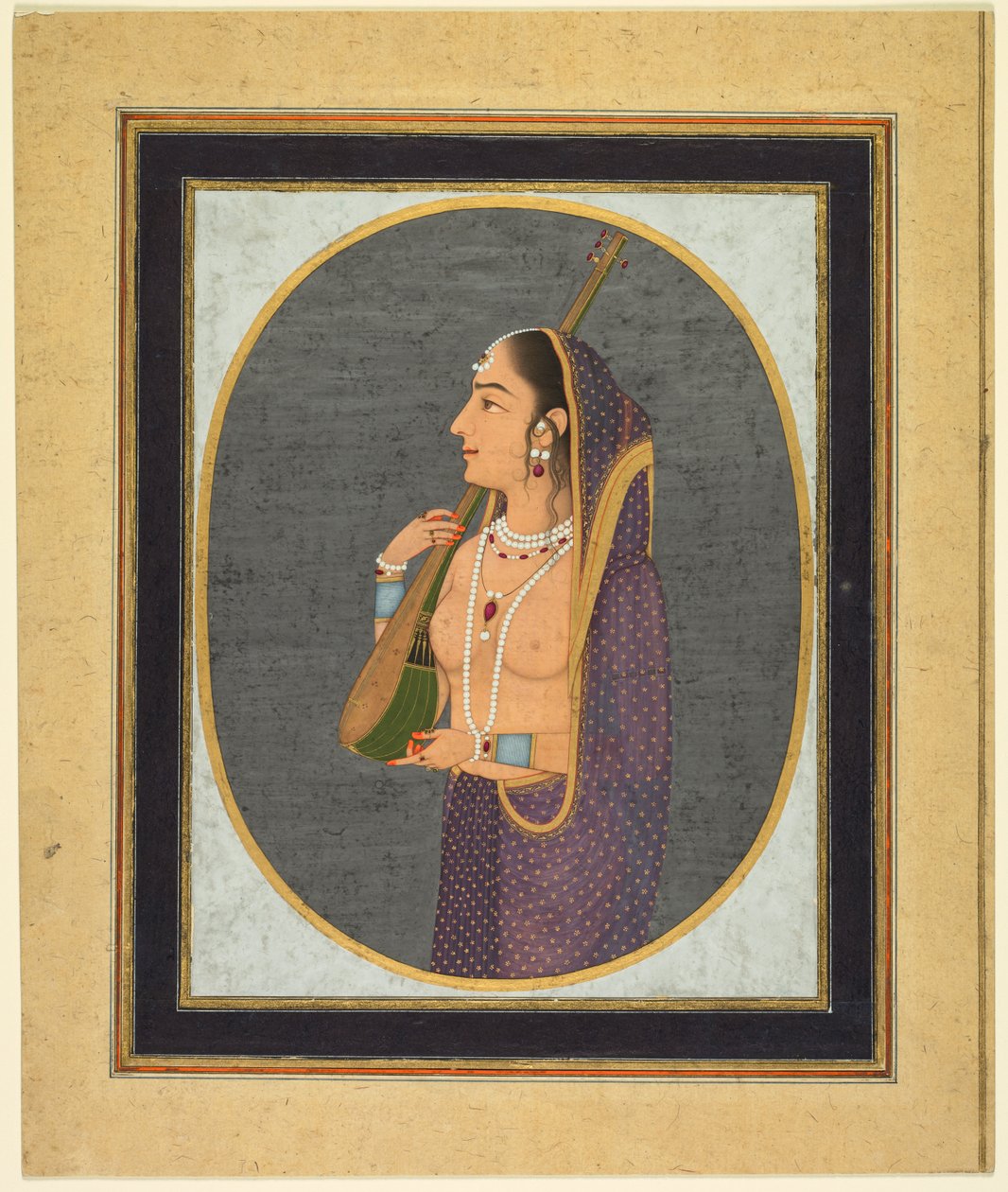 Udvari hölgy énekel és játszik a vinán, c. 1760. alkotó: Muhammad Rizavi Hindi