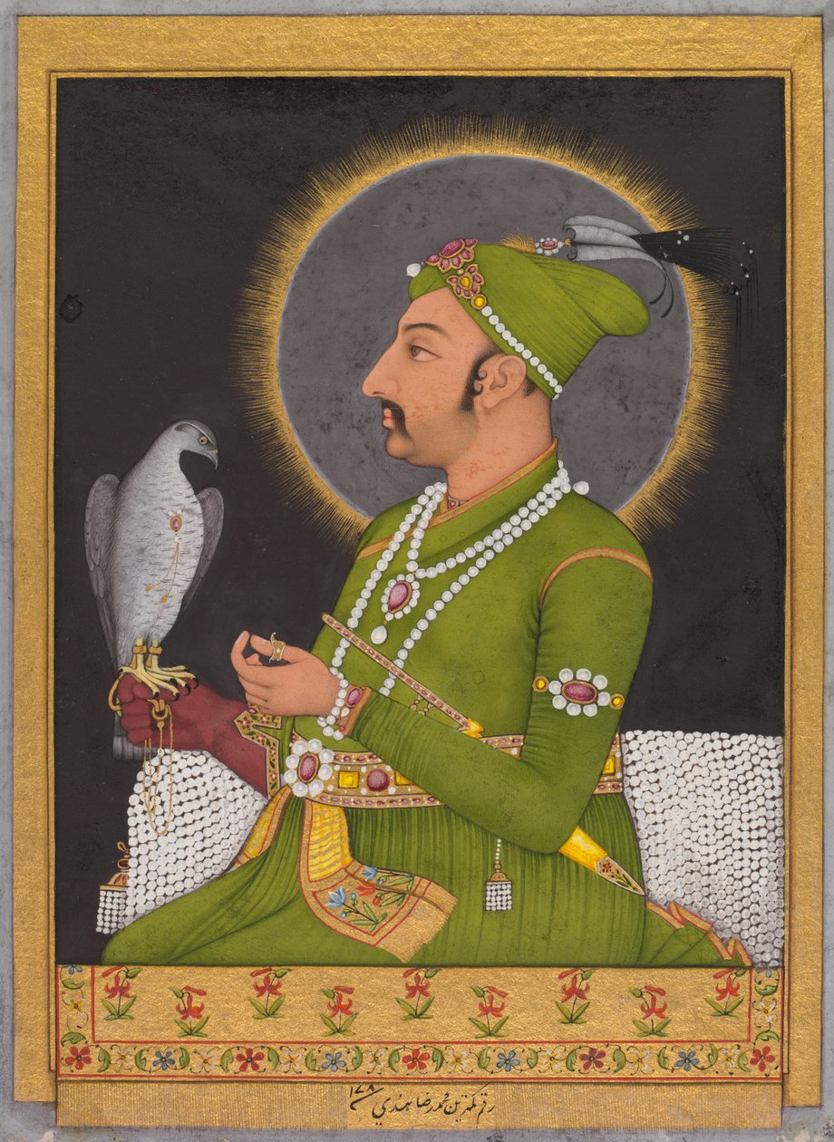 Mohamed Sah mogul császár (urkolt 1719-1748) posztumusz portréja, aki sólymot tart (recto) alkotó: Muhammad Rizavi Hindi