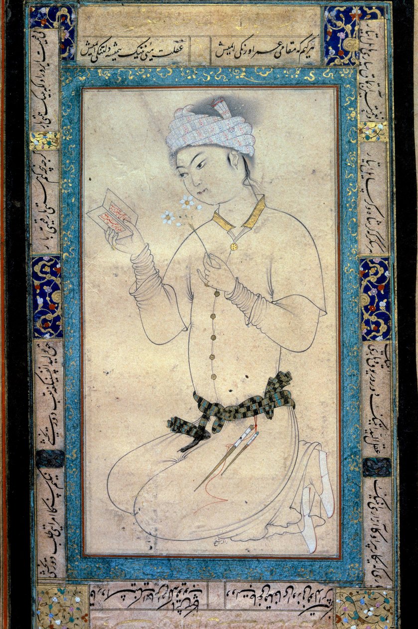 Egy fiatal férfi könyvekkel és nárciszokkal, perzsa miniatűr Muhammad Shaykh gouache-ján alkotó: Muhammad Shaykh