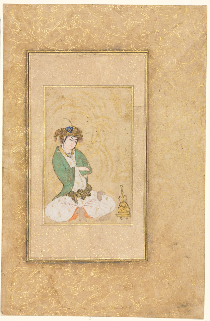 Fűz mellett ülő fiatalok, egyoldalas illusztráció, c. 1600-1650. alkotó: Muhammad Yusuf