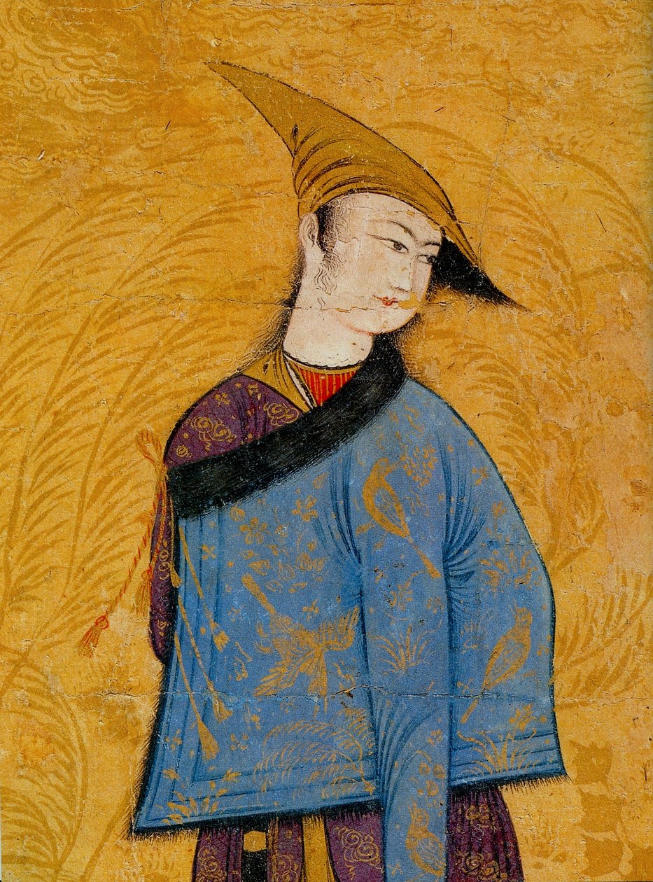 Vállán rövid, bundával bélelt kabátot viselő fiatal, 1640-es évek. alkotó: Muhammad Yusuf