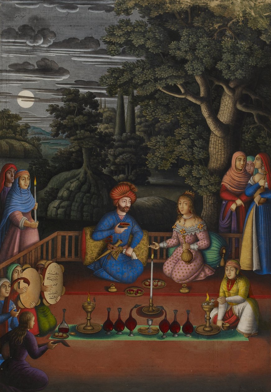 Epizód az indiai hercegnő történetéből: Turktazī király látogatása Turktaz, a tündérek királynője varázslatos kertjében, MS OR.2265, f.221v alkotó: Muhammad Zaman