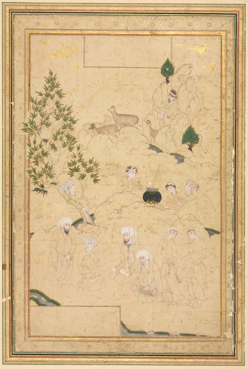 Piknik a hegyekben, egyoldalas illusztráció, c. 1550-1600. alkotó: Muhammadi