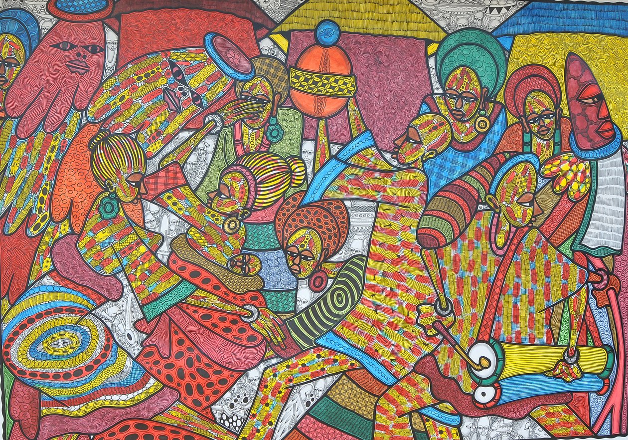 Fesztivál, 2014 (tinta, vászon) alkotó: Muktair Oladoja