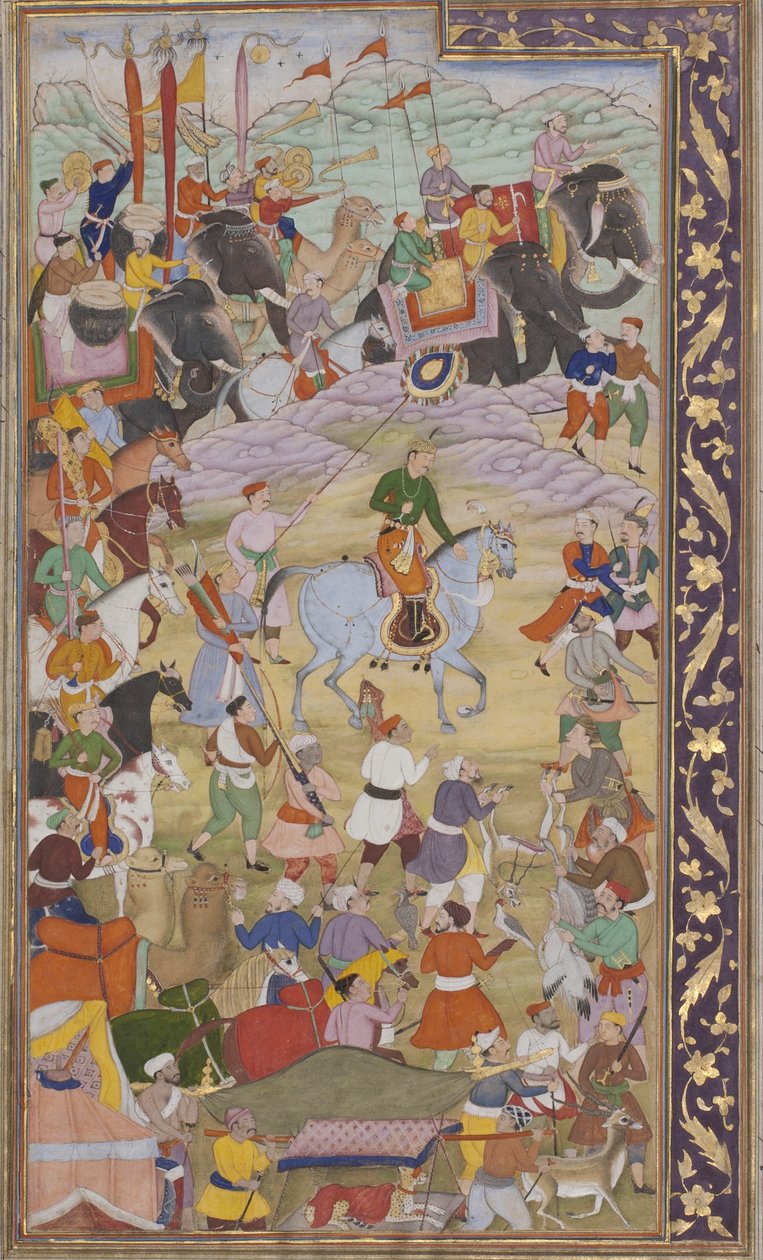 Akbar császár Sanganerben vadászik, útban Gujaratba, 1600-10 (átlátszatlan wc és arany papíron) alkotó: Mukund