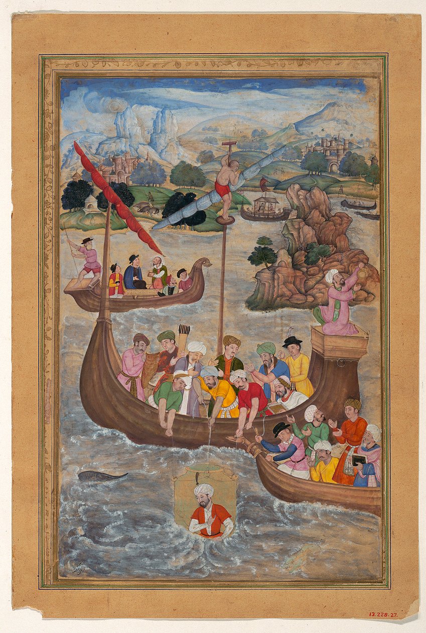 Sándor búvárharangban ereszkedett le a tengerbe, 1597-8 (papíron tus, akvarell és arany) alkotó: Mukunda attr. to Mukunda attr. to