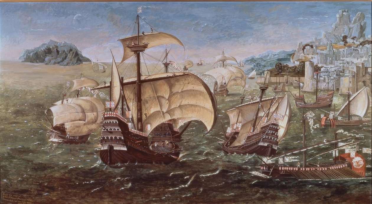 PORTUGÁL HAJÓK EGY SIKLAS PARTON - XVI. SZÁZAD -O / L - 78 × 144 - A GREENWICH MÚZEUM EREDETI MÁSOLA alkotó: Munday John