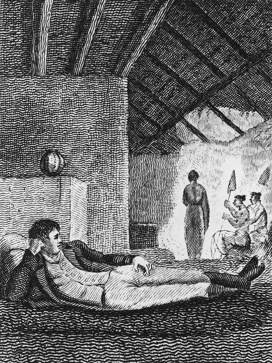 Park, amely egy bennszülött kunyhóban pihen utazásai során, 1816 alkotó: Mungo Park