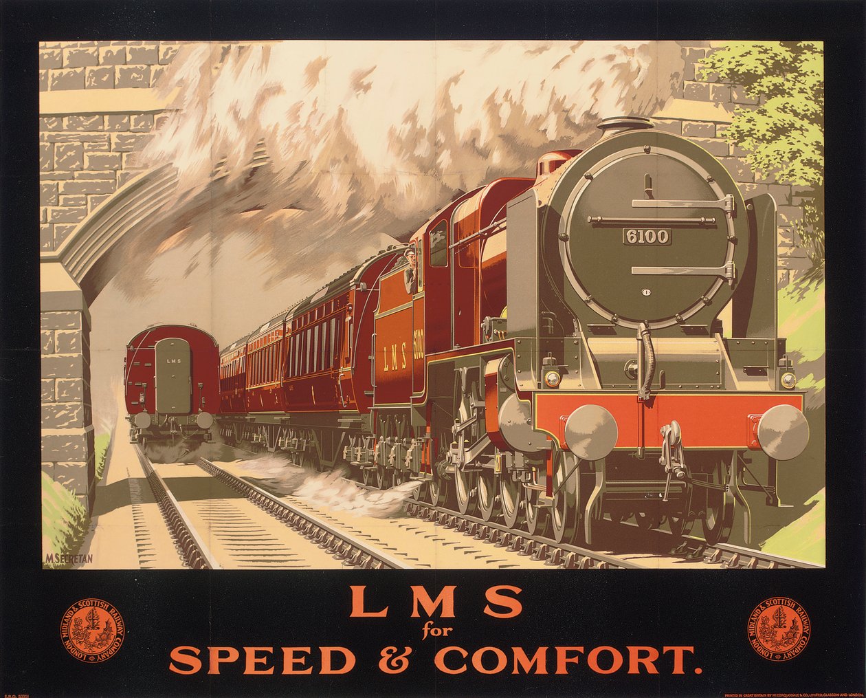 LMS for Speed and Comfort, a londoni, midlandi és skót vasutat reklámozó plakát (színes litho) alkotó: Murray Secretan