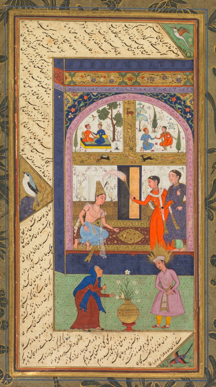 Zulaykha a palotájában és öregasszonyként Józseffel, Abd al-Rahman Jami (perzsa, 1414–1492) Panj Ganj (Öt kincs) című könyvéből; Verso: Abd al-Rahman Jami Panj Ganjjából (perzsa, 1414–1492), két masnavisval: Yusuf va Zulaykha (József és Zulayk alkotó: Mushfiq