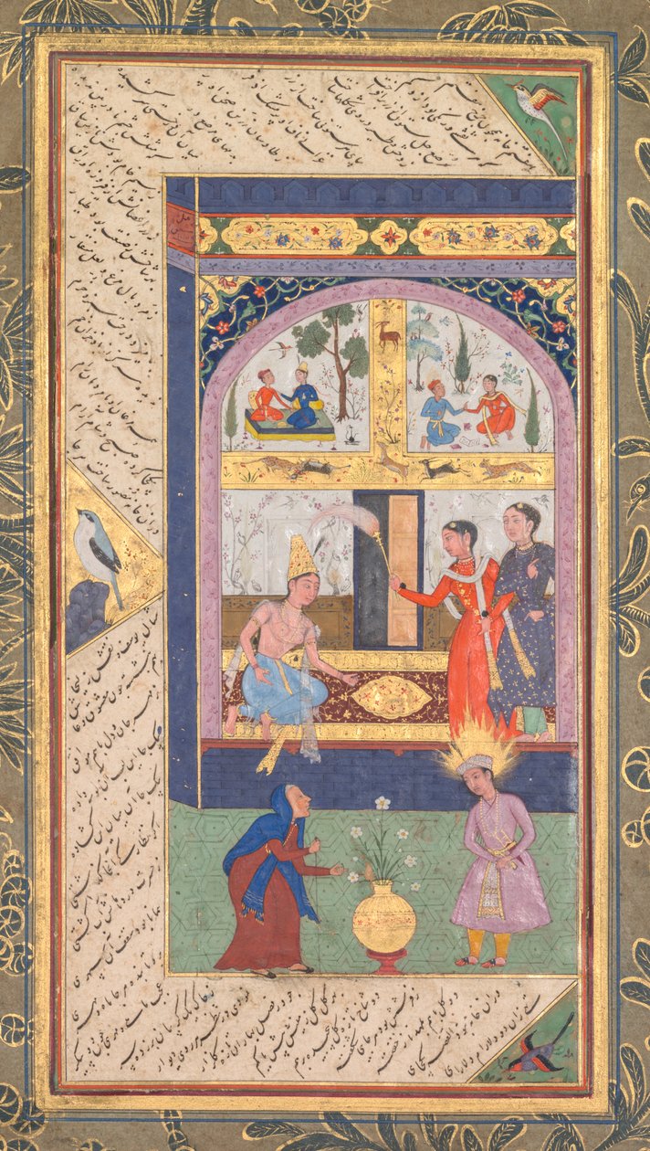 Zulaykha a palotájában és öregasszonyként Józseffel, egy Panj Ganjból (Öt kincs) Abd al- Rahman Jami (perzsa, 1414–1492) (recto) alkotó: Mushfiq