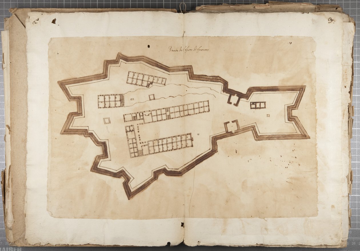 Mutio Oddi, Urbino és mások rajzainak portfóliója – Fuentes kikötője, 1635-1640 körül (toll és tinta papíron, bekötött kötetben) alkotó: Muzio Oddi