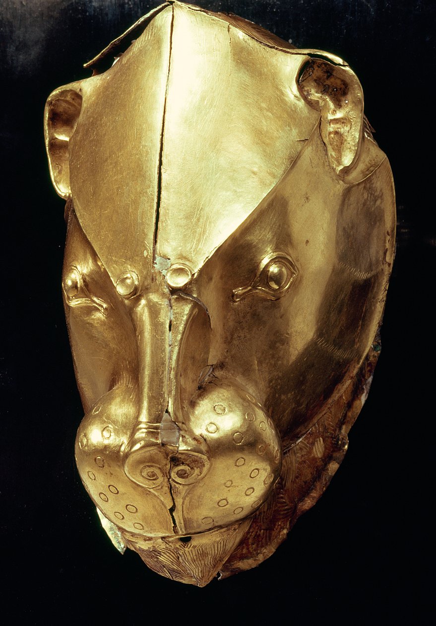 Oroszlánfej-riton, IV. sírból, Grave Circle A, Mycenae (arany) (lásd még: 179999) alkotó: Mycenaean