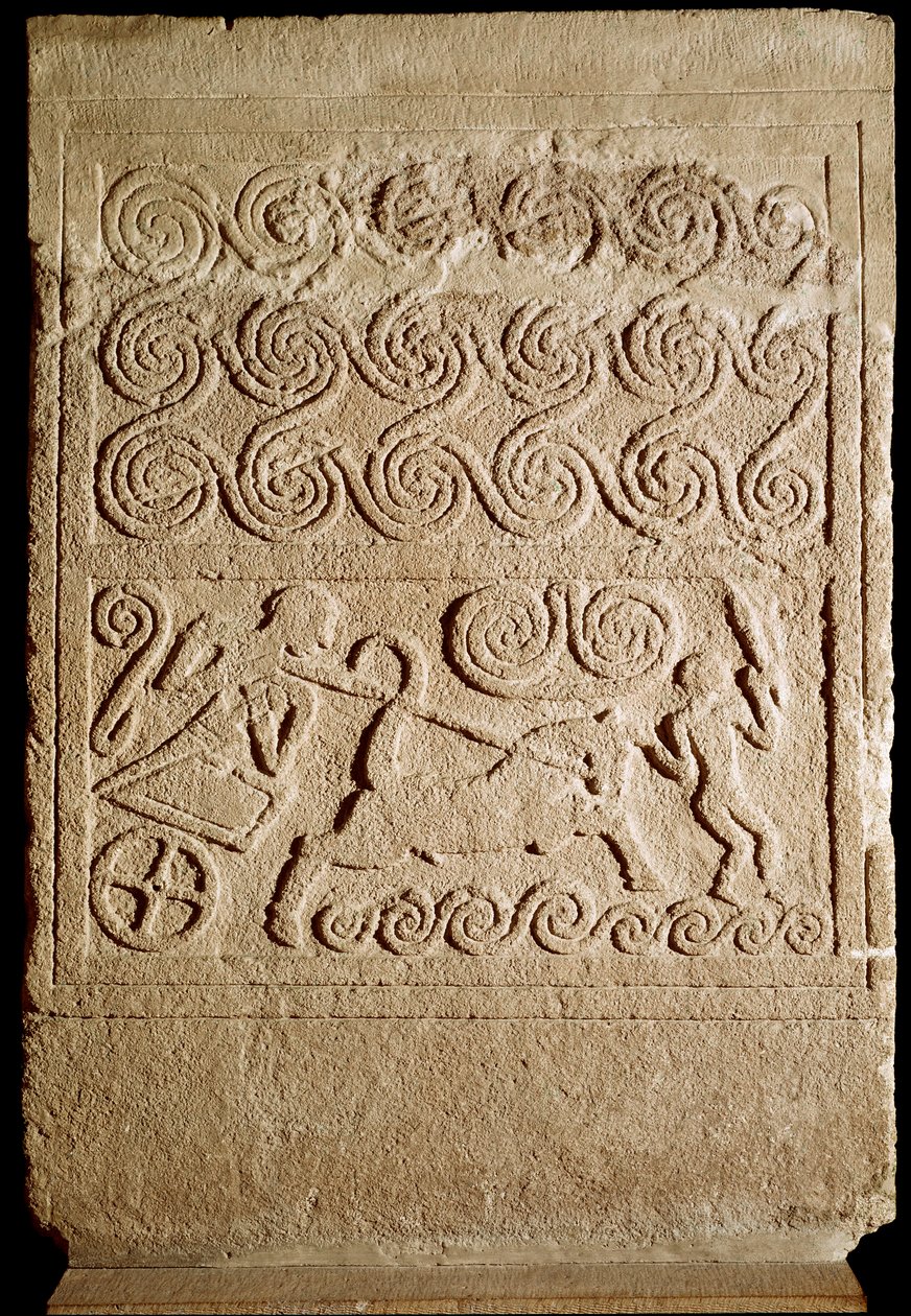 Mükénei művészet: mészkőben épült temetkezési sztélé egy mükénéi csata ábrázolásával. Kr.e. 16. század. Homályos. 133 cm Athénész, Országos Régészeti Múzeum alkotó: Mycenaean