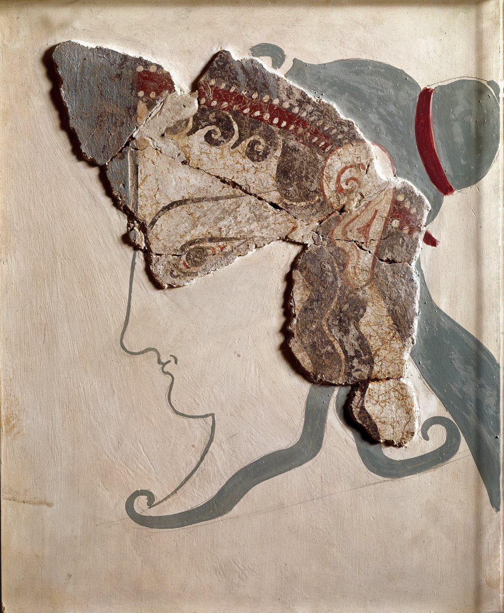 Mükénei művészet: nőies fej. Freskó töredéke a tirynsi palotából alkotó: Mycenaean