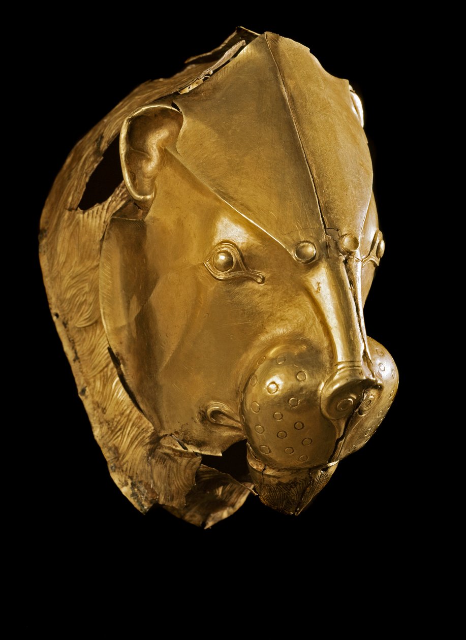 Mükén művészet: rhython vagy rhyton vagy arany rython (apparátusüveg) oroszlánfej formájú IV. sírból, Mycenes. Kr.e. 16. század. Homályos. 14 cm Athénész, Országos Régészeti Múzeum - Mükénei művészet: arany oroszlánfej rhyton (ceremoniális üveg) a gr. alkotó: Mycenaean
