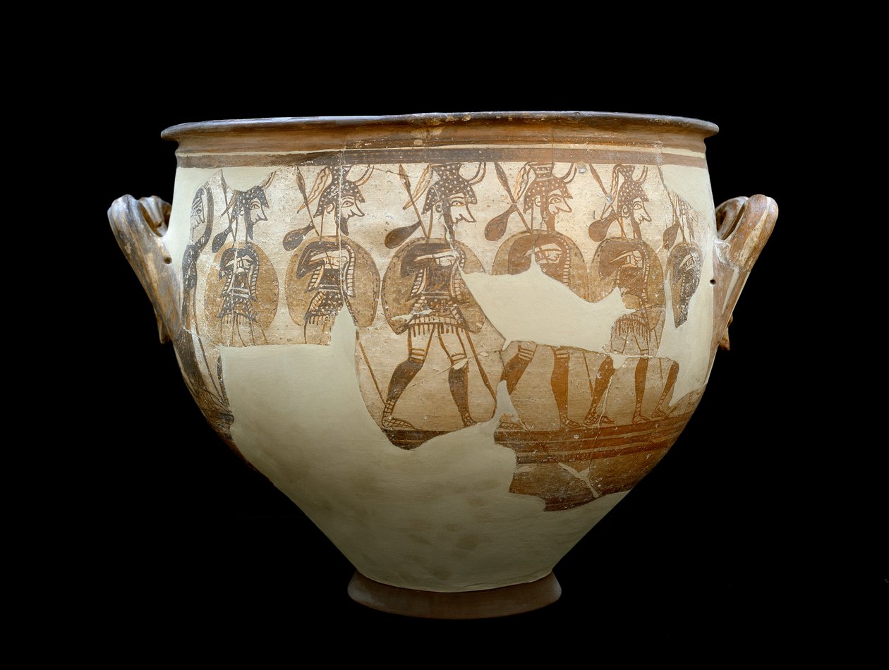 Mükén civilizáció: Harcosok nevű kráter - A sírok köréből A a Mycenes. Kr.e. 12. század - Athénész, Nemzeti Régészeti Múzeum - Mükénei művészet: Harcosok krátere - Mükénében talált terrakota váza alkotó: Mycenaean Mycenaean