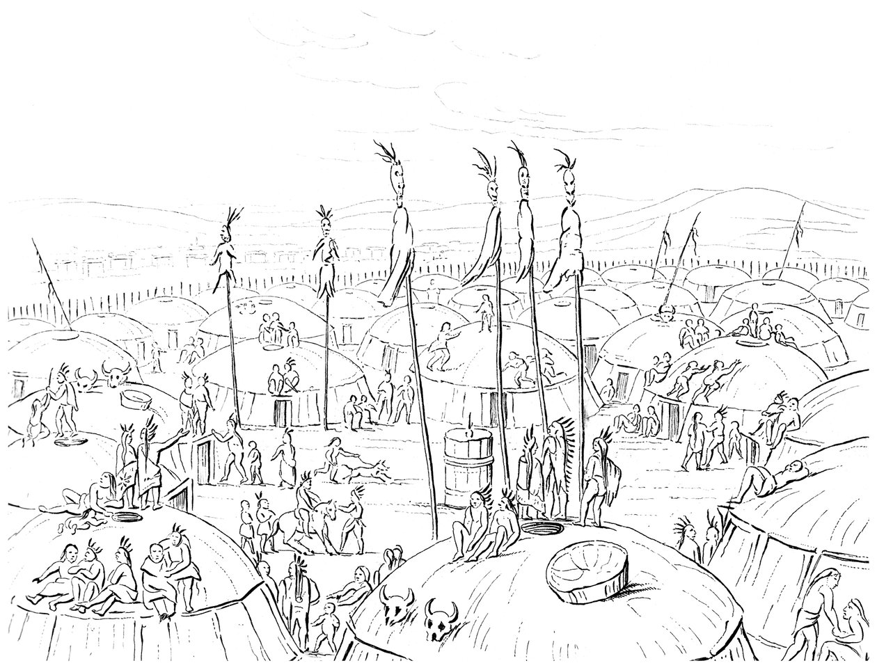 Mandan falu, Felső-Missouri, Amerika, 1841. alkotó: Myers and Co