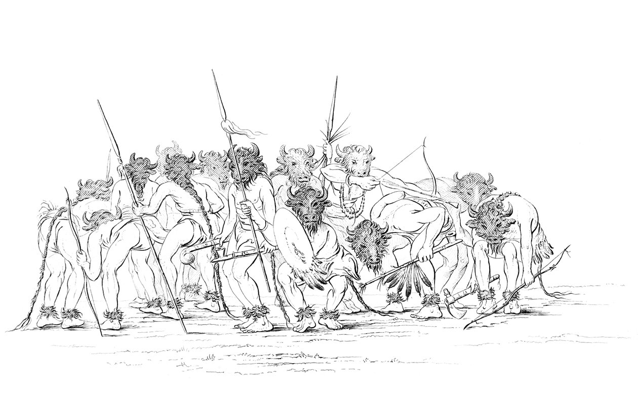Bölénymaszkban táncoló indián vadászok, 1841. alkotó: Myers and Co