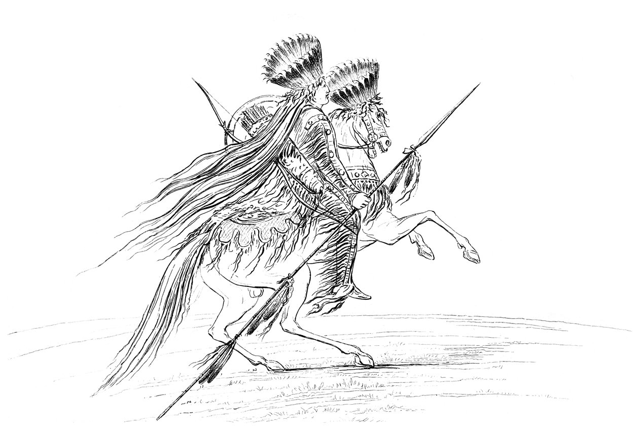 Indián férfi fegyverekkel és fejdísszel, lovon ül, 1841. alkotó: Myers and Co