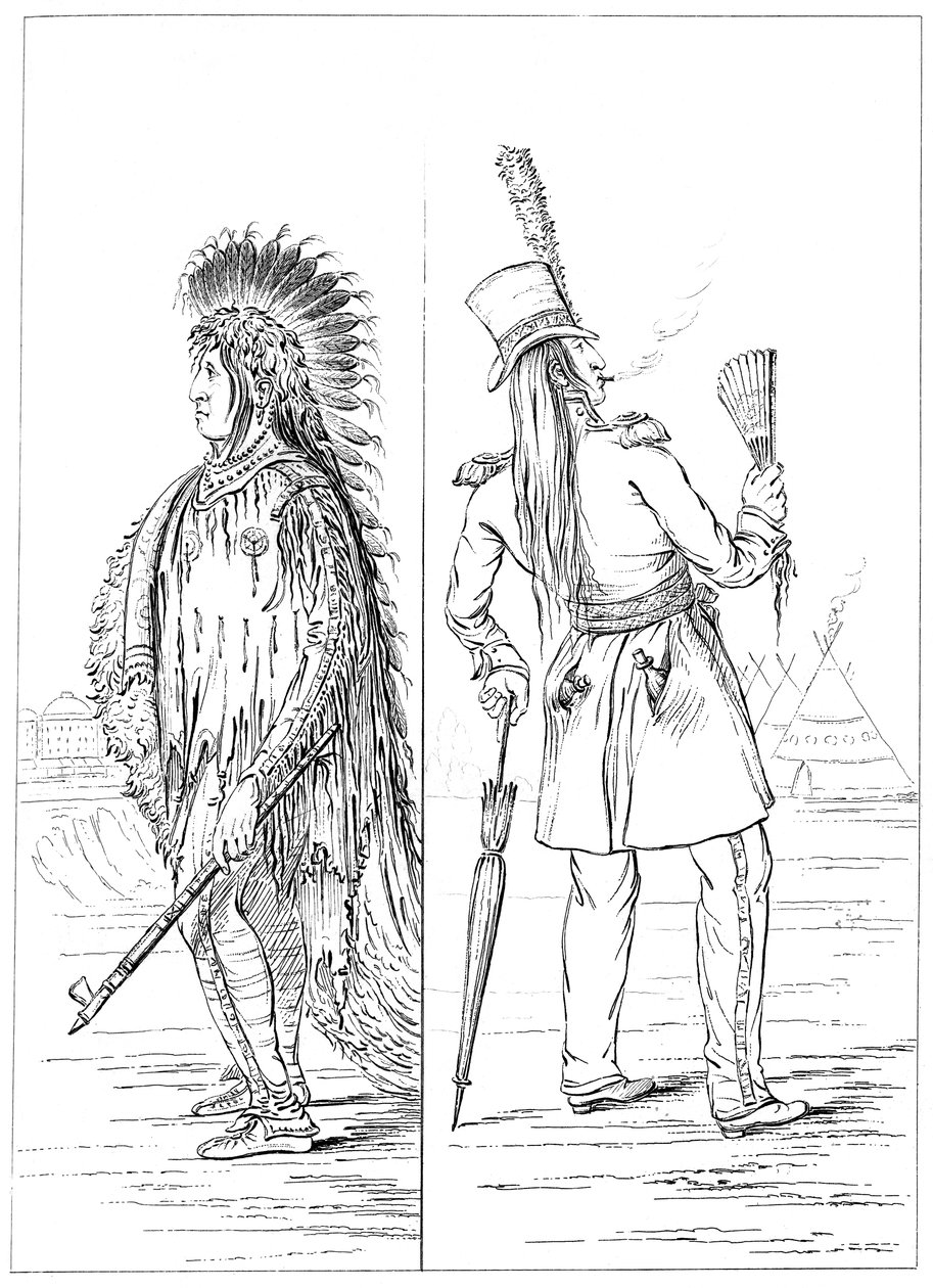 Wi-Jun-Jon natív viseletben és ezredegyenruhában, 1841. alkotó: Myers and Co