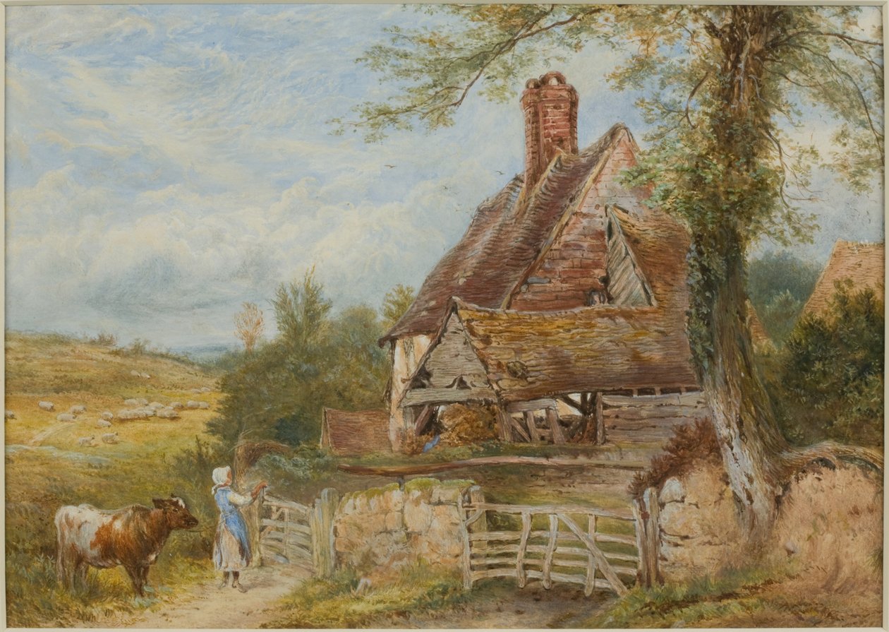 Tájkép házikóval, lánnyal és tehénnel (testfesték és ceruza, papír, kártyára ragasztva) alkotó: Myles Birket Foster