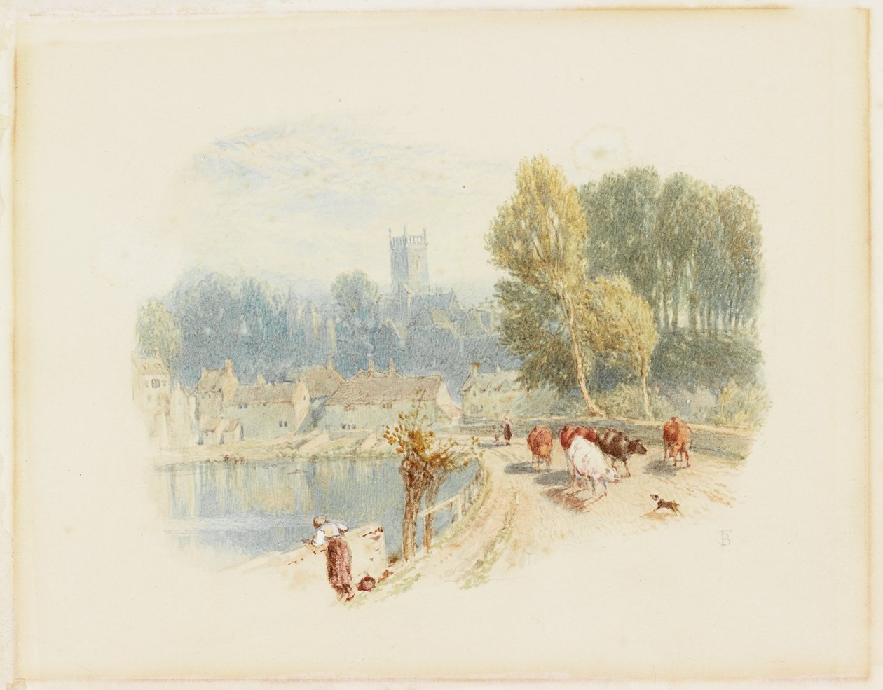 Folyói jelenet templommal (ceruza és akvarell a kártyán) alkotó: Myles Birket Foster