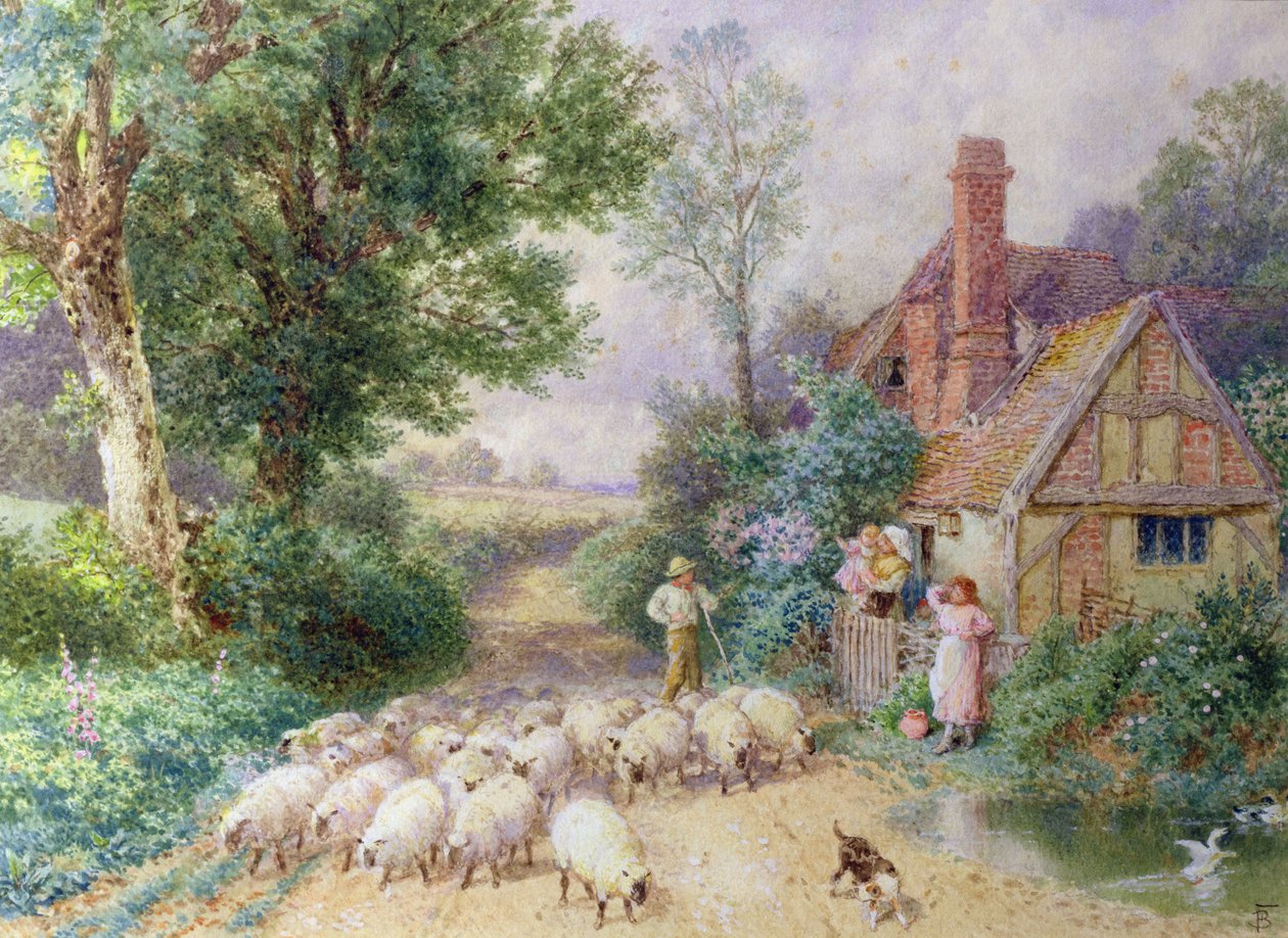Pásztor és nyája egy vidéki házikó mellett halad el alkotó: Myles Birket Foster