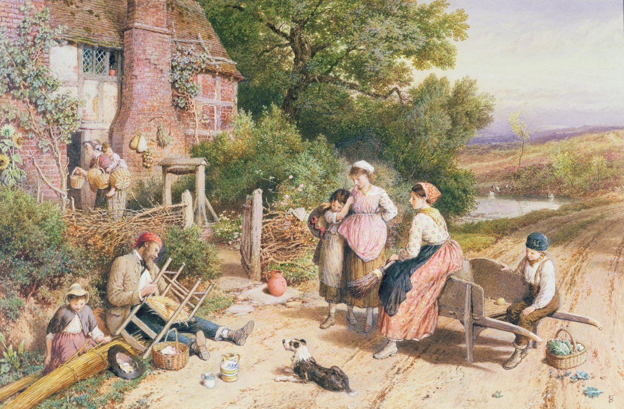 Mender és Pedlar utazószék kosarakkal a Surrey állambeli Witley közelében alkotó: Myles Birket Foster