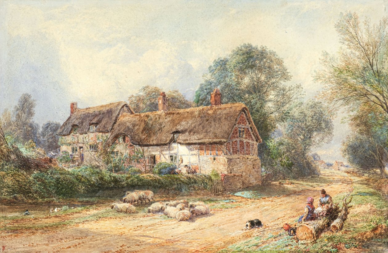Tetőfedeles házikó egy út mentén (akvarell) alkotó: Myles Birket Foster