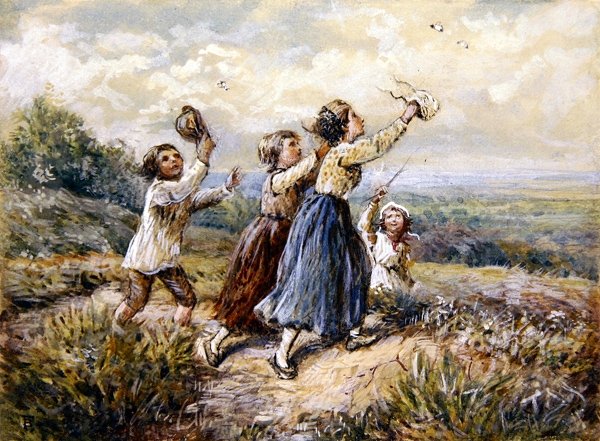 Pillangókat kergető gyerekek (guache és akvarell papíron) alkotó: Myles Birket Foster