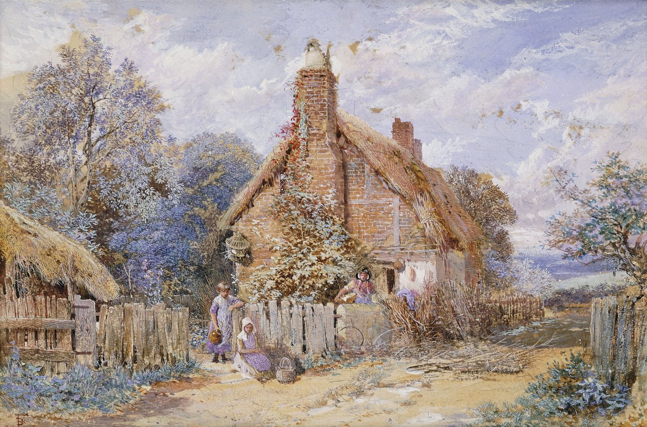 Gyermekek egy nádfedeles kunyhónál Chiddingfoldban, alkotó: Myles Birket Foster