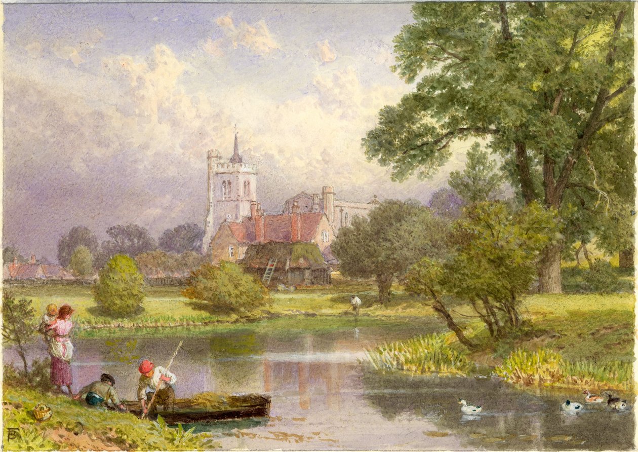 Elstow, Bedfordshire (John Bunyan szülőhelye) (bc és wc a kártyán) alkotó: Myles Birket Foster