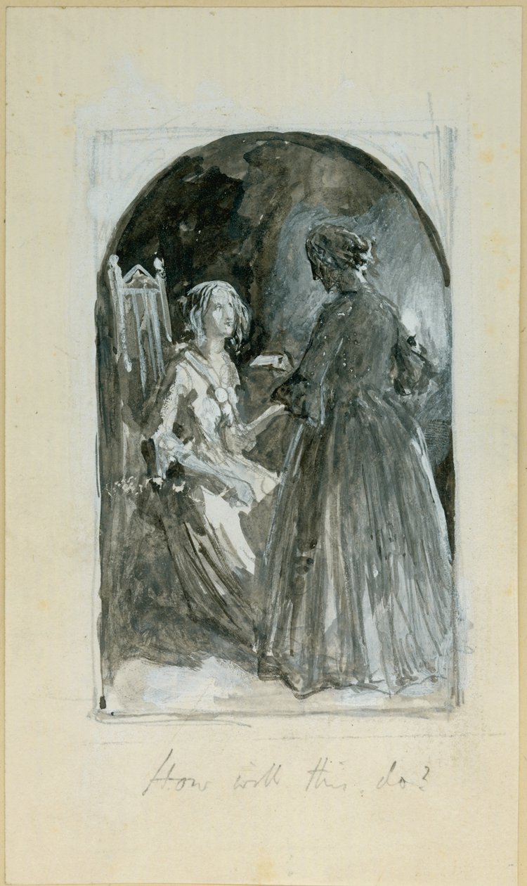 "Emma elveszi a tuskót Madelaine kemény kezéből" (bc, ceruza és wc papíron) alkotó: Myles Birket Foster