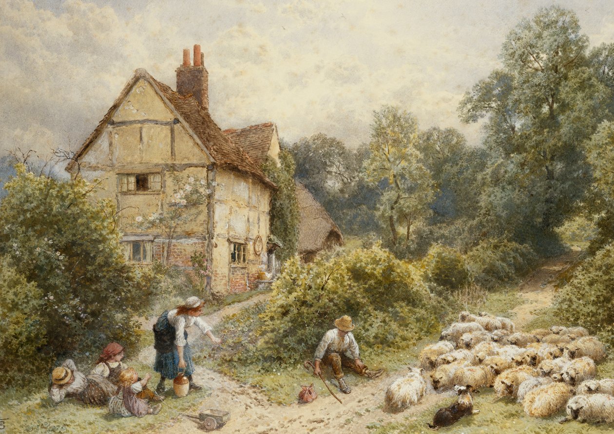 Fowl House Farm, Witley, gyerekekkel, egy pásztorral és egy birkanyájjal a közelben, alkotó: Myles Birket Foster