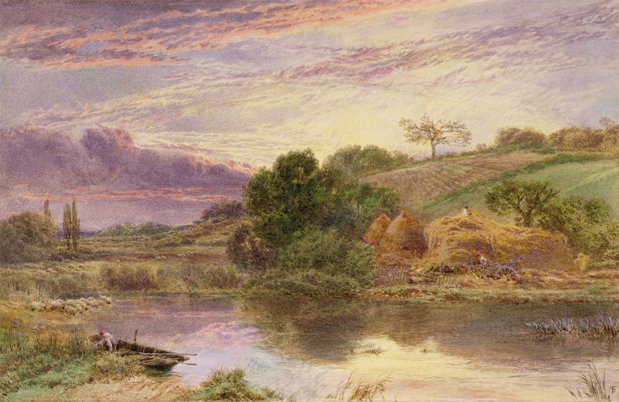 Szénavarrók a folyó mellett este (akvarell fehérrel kiemelve) alkotó: Myles Birket Foster