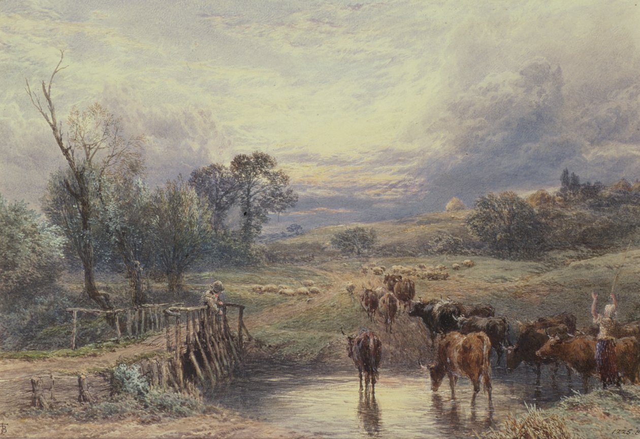 Táj szarvasmarhával és híddal, 19. század alkotó: Myles Birket Foster