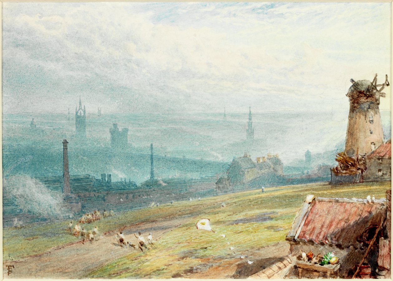 Newcastle upon Tyne a Windmill Hillsből, Gateshead (testszín és akvarell papíron (a fedélzetre ragasztva)) alkotó: Myles Birket Foster