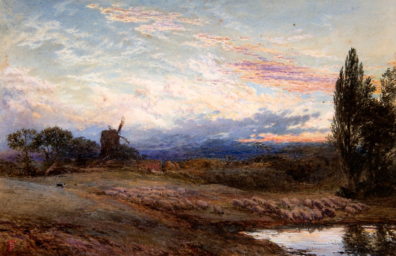 Birkák itatása naplementében (akvarell) alkotó: Myles Birket Foster