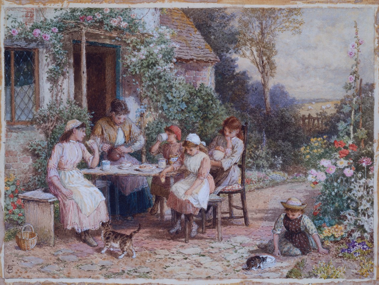 Teatime (ceruza és akvarell fehérrel kiemelve a kártyán) alkotó: Myles Birket Foster