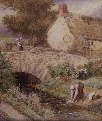Nő ruhákat mosva egy patakban alkotó: Myles Birket Foster