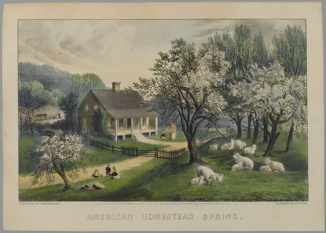 American Homestead Spring, 1868-69 (kézzel színezett litho) alkotó: N. and Ives, J.M. Currier