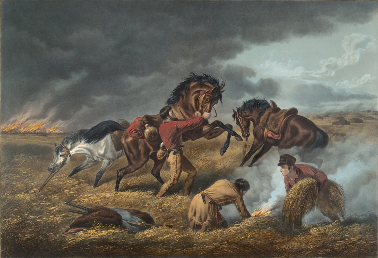 Life on the Prairie: The Trappers defence, „Fire fight Fire, 1862 alkotó: N. and Ives, J.M. Currier