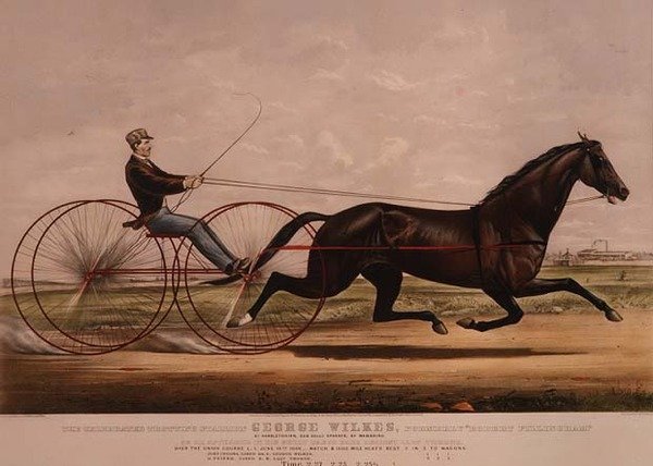 Az ünnepelt ügetőcsődör, George Wilkes, amint megjelent nagy kocsiversenyében Lady Thorne ellen, 1866. június 14-én, alkotó: N. and Ives, J.M. Currier