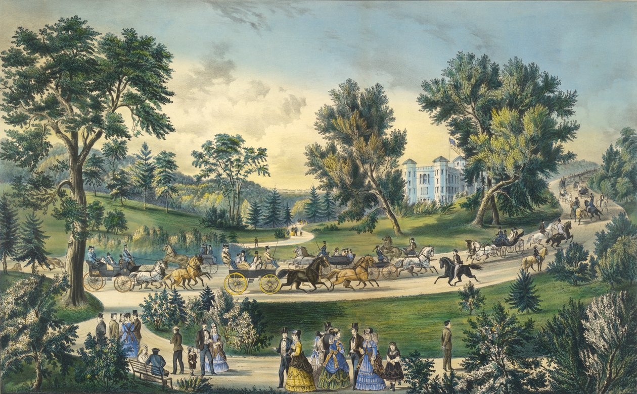 The Grand Drive, Central Park, New York, 1869 alkotó: N. and Ives, J.M. Currier