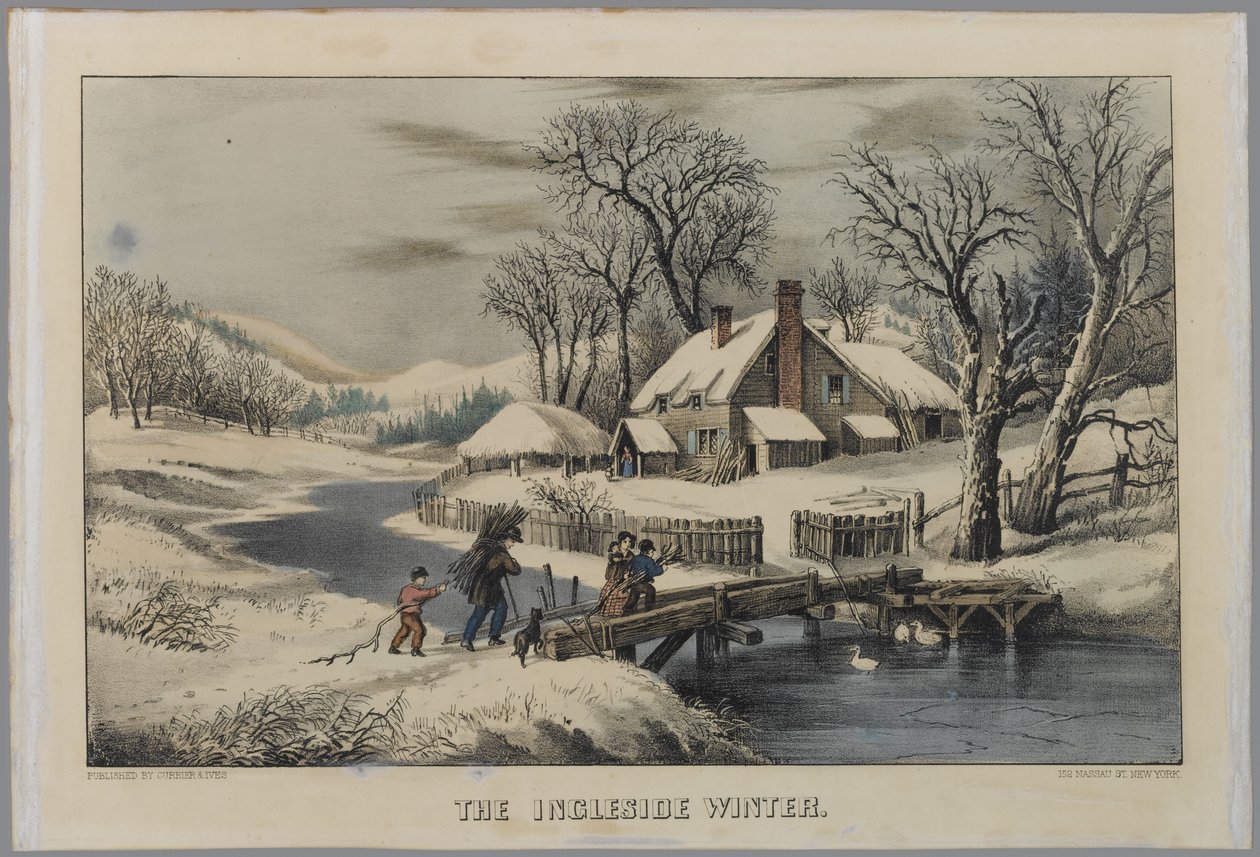 The Ingleside Winter (kézzel színezett litó) alkotó: N. and Ives, J.M. Currier