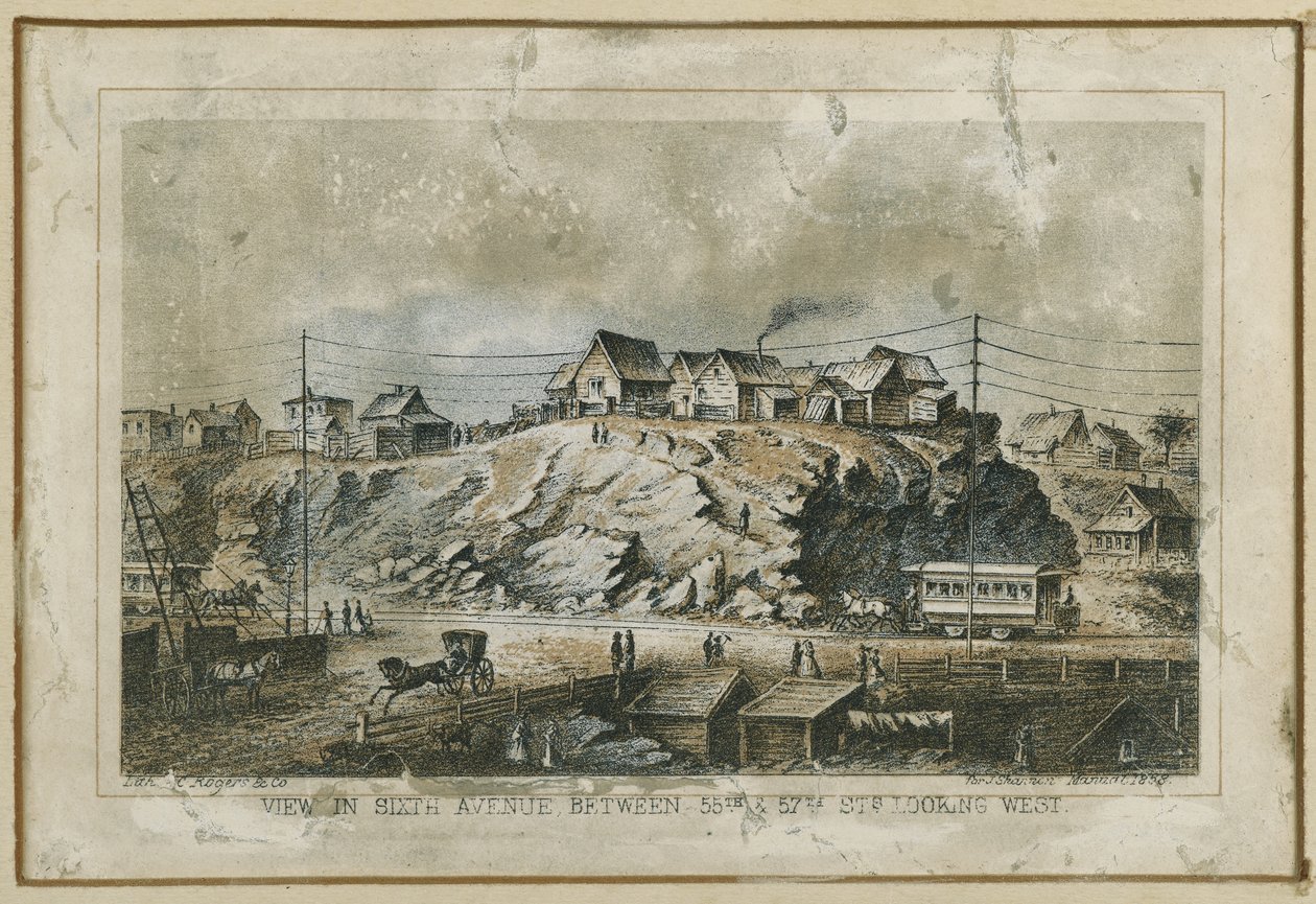 Kilátás a Sixth Avenue-n, az 55. és az 57. utca között nyugatra nézve, 1858 alkotó: N. and Ives, J.M. Currier
