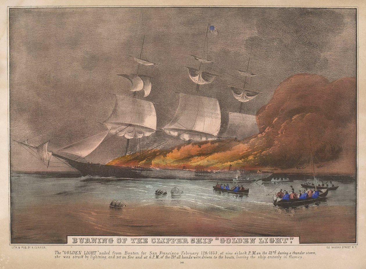 A Clipper Hajó égése, "Aranyfény", alkotó: N. and Ives, J.M. Currier