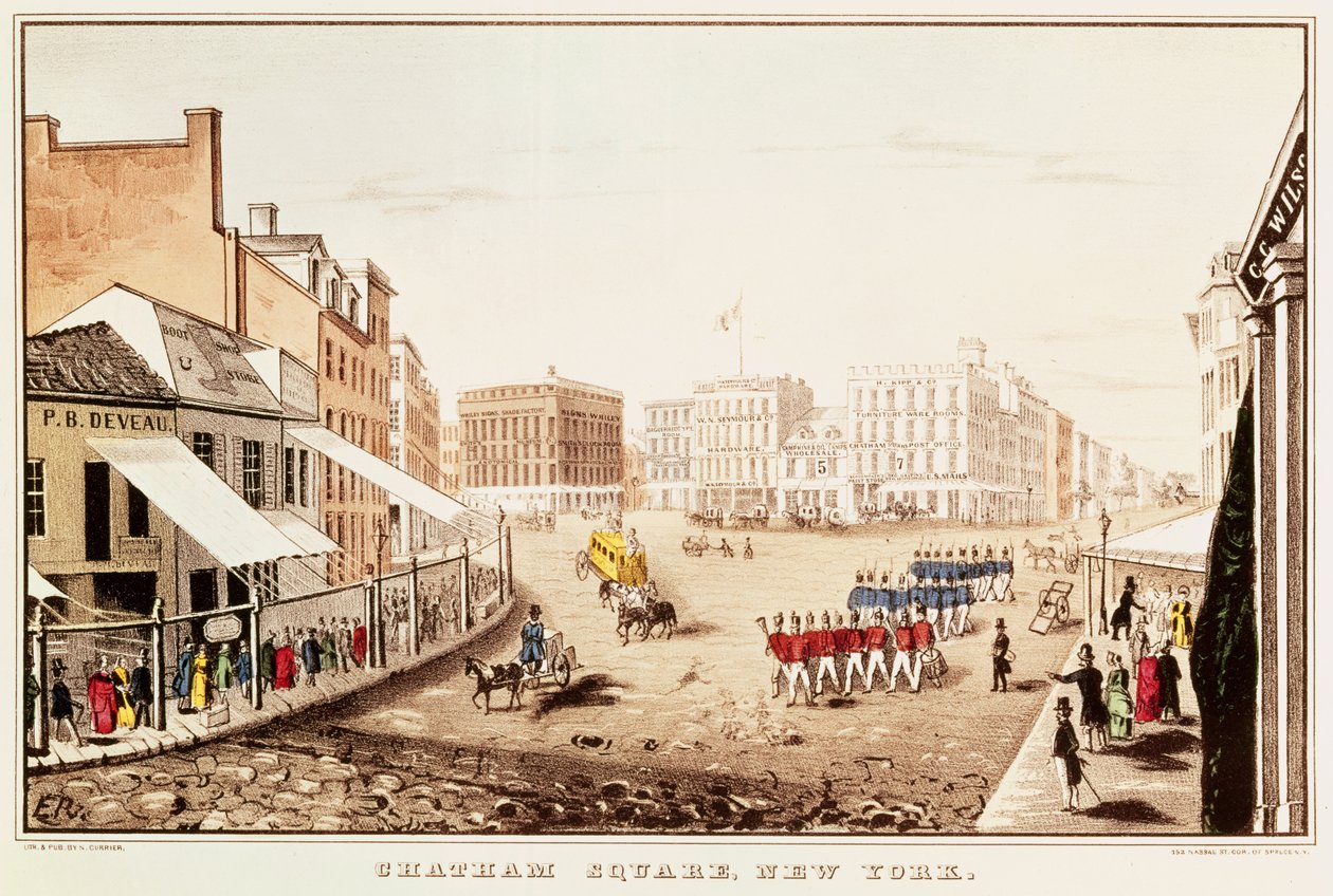 Chatham Square, New York alkotó: N. and Ives, J.M. Currier