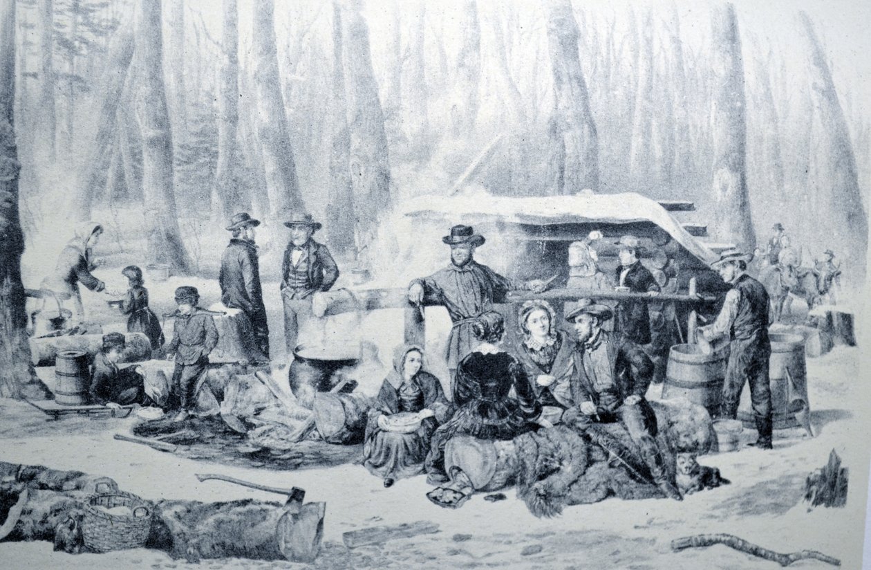 Currier & Ives illusztráció 19. század. Amerikai erdei jelenet, Maple Sugaring alkotó: N. and Ives, J.M. Currier